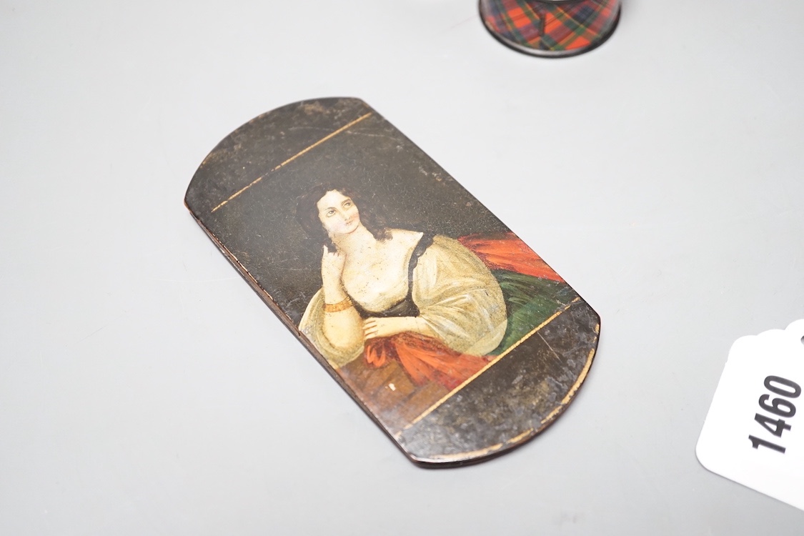 A German papier mache spectacles case and five Tartan ware napkin rings